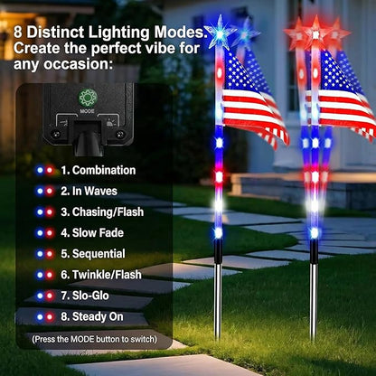 8-Piece Flag Light Set – 4th of July Decorations with 8 Lighting Modes – Ideal for Independence Day Pathways, Gardens, and Yard Decor